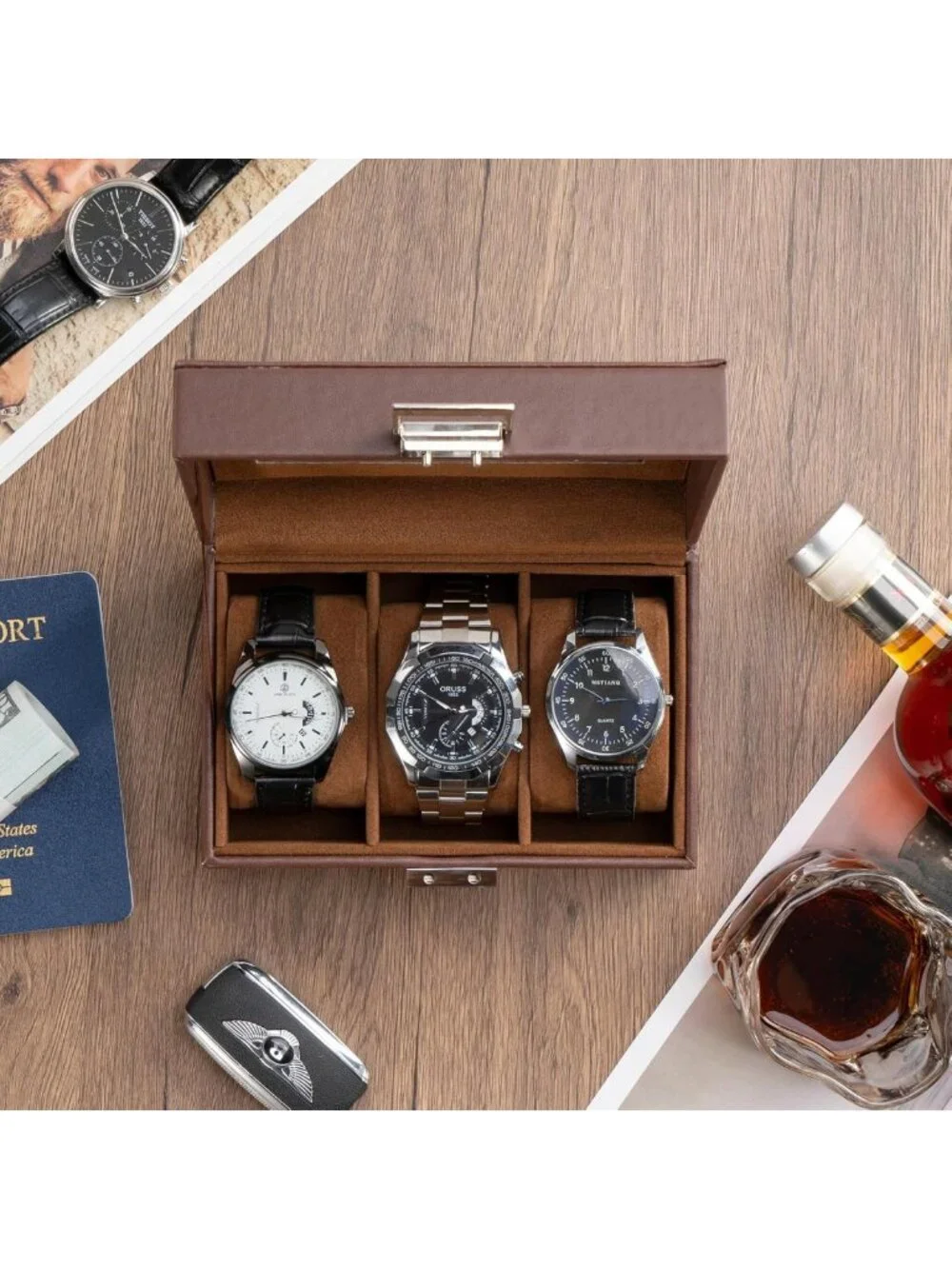 3-Slot Men's Watch Display Case, Elegant Espresso Watch Box for Collectors